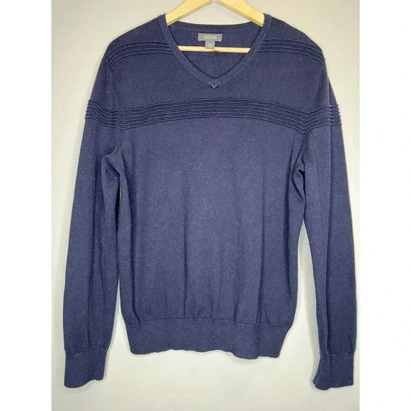 Kenneth Cole Reaction Mens Ribbed Striped V Neck Sweater Pullover Blue Sz Large - Picture 2 of 7